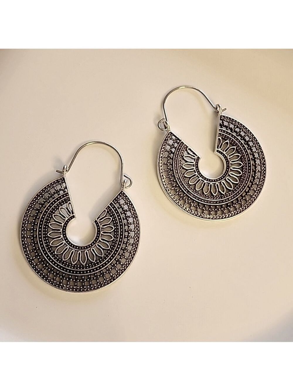 BOHO Gypsy Flower Tribal Hoop Earrings GREAT Tribal Detail HP